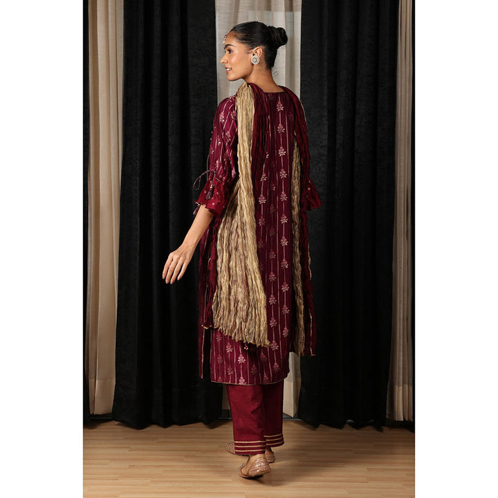 House of Supriya Maroon Embroidered Kurta & Pant with Dupatta (Set of 3)