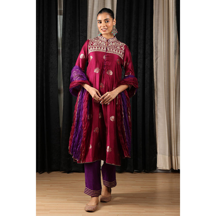 House of Supriya Maroon Embroidered Kurta & Pant with Dupatta (Set of 3)