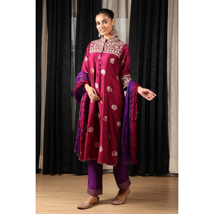 House of Supriya Maroon Embroidered Kurta & Pant with Dupatta (Set of 3)