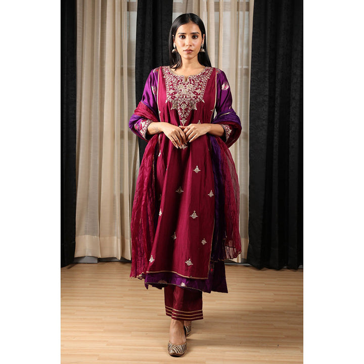 House of Supriya Purple & Maroon Embroidered Kurta & Pant with Dupatta (Set of 3)