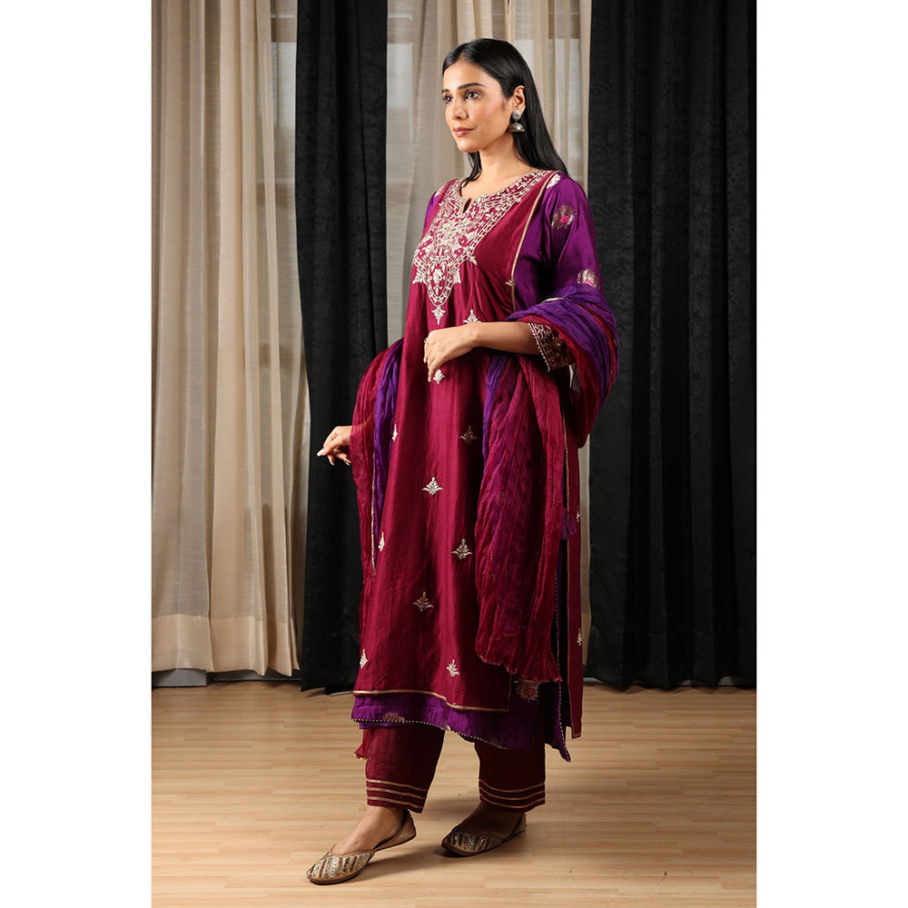 House of Supriya Purple & Maroon Embroidered Kurta & Pant with Dupatta (Set of 3)