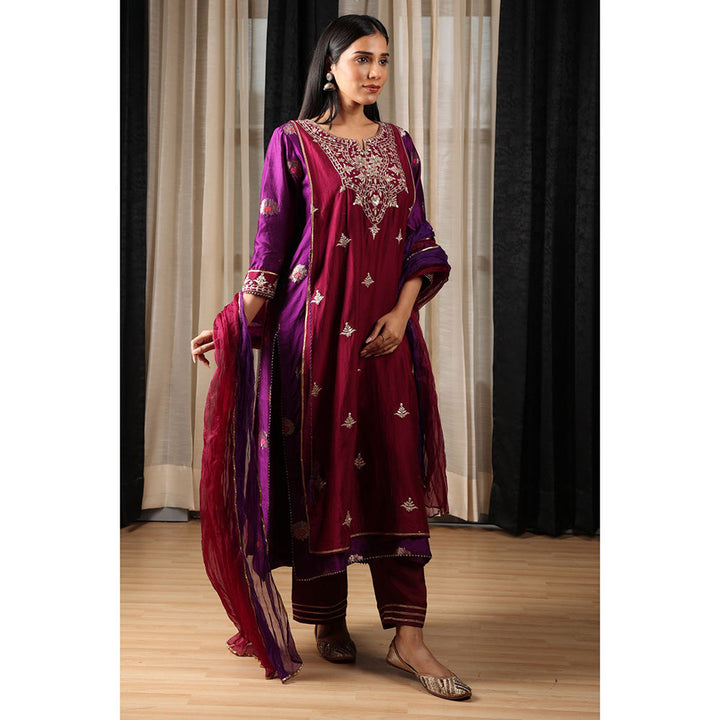 House of Supriya Purple & Maroon Embroidered Kurta & Pant with Dupatta (Set of 3)