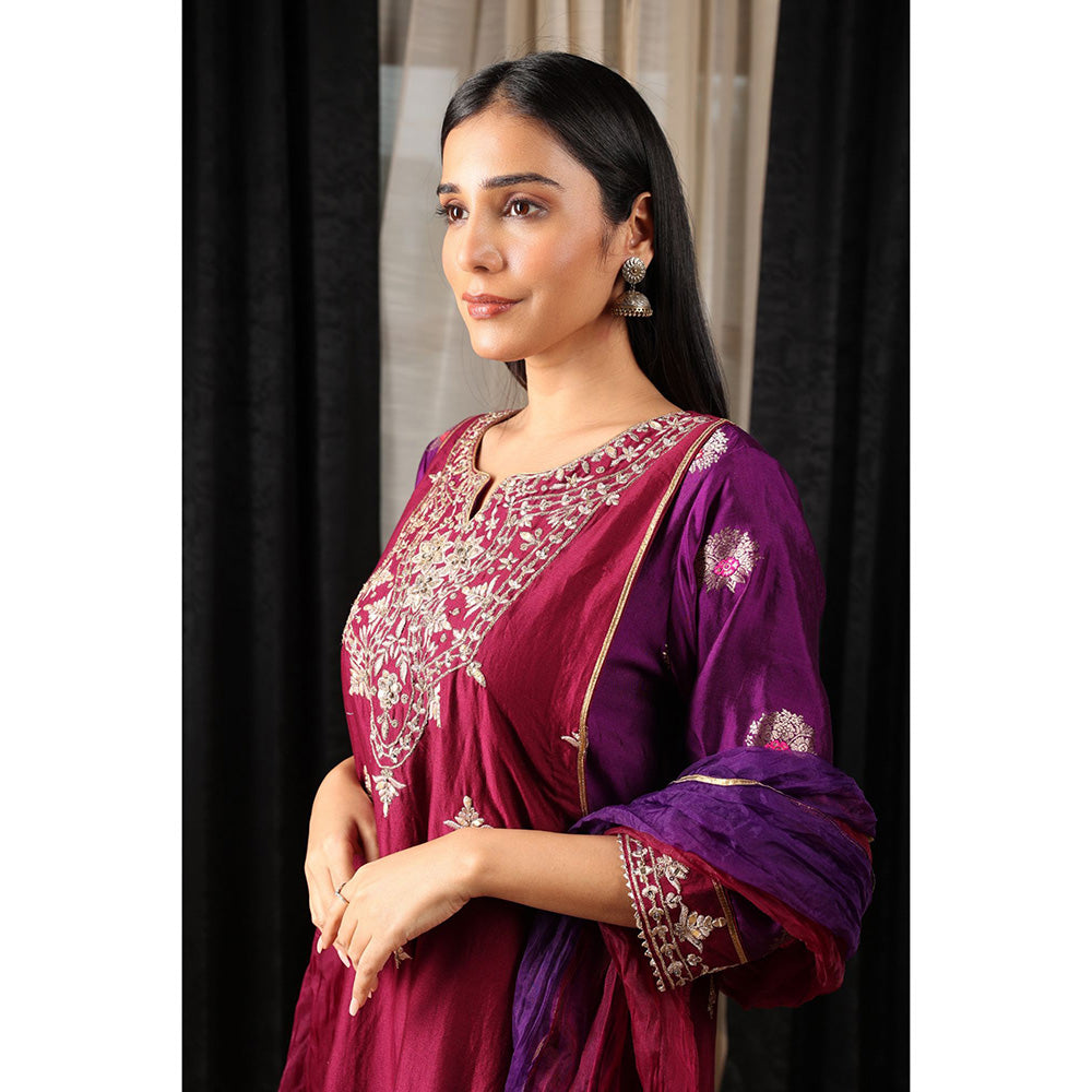 House of Supriya Purple & Maroon Embroidered Kurta & Pant with Dupatta (Set of 3)