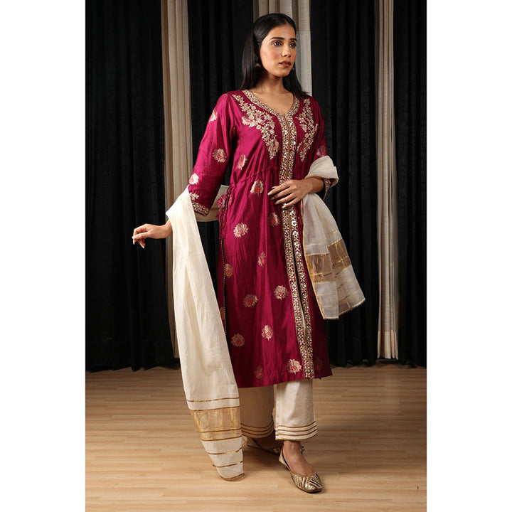 House of Supriya Maroon Embroidered Kurta with Pant & Dupatta (Set of 3)