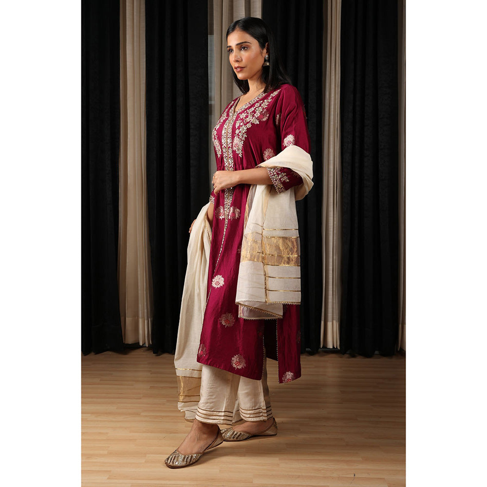 House of Supriya Maroon Embroidered Kurta with Pant & Dupatta (Set of 3)