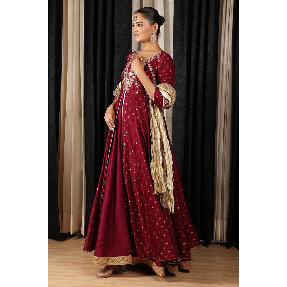 House of Supriya Maroon Embroidered Stylised Anarkali Kurta with Pant & Dupatta (Set of 3)