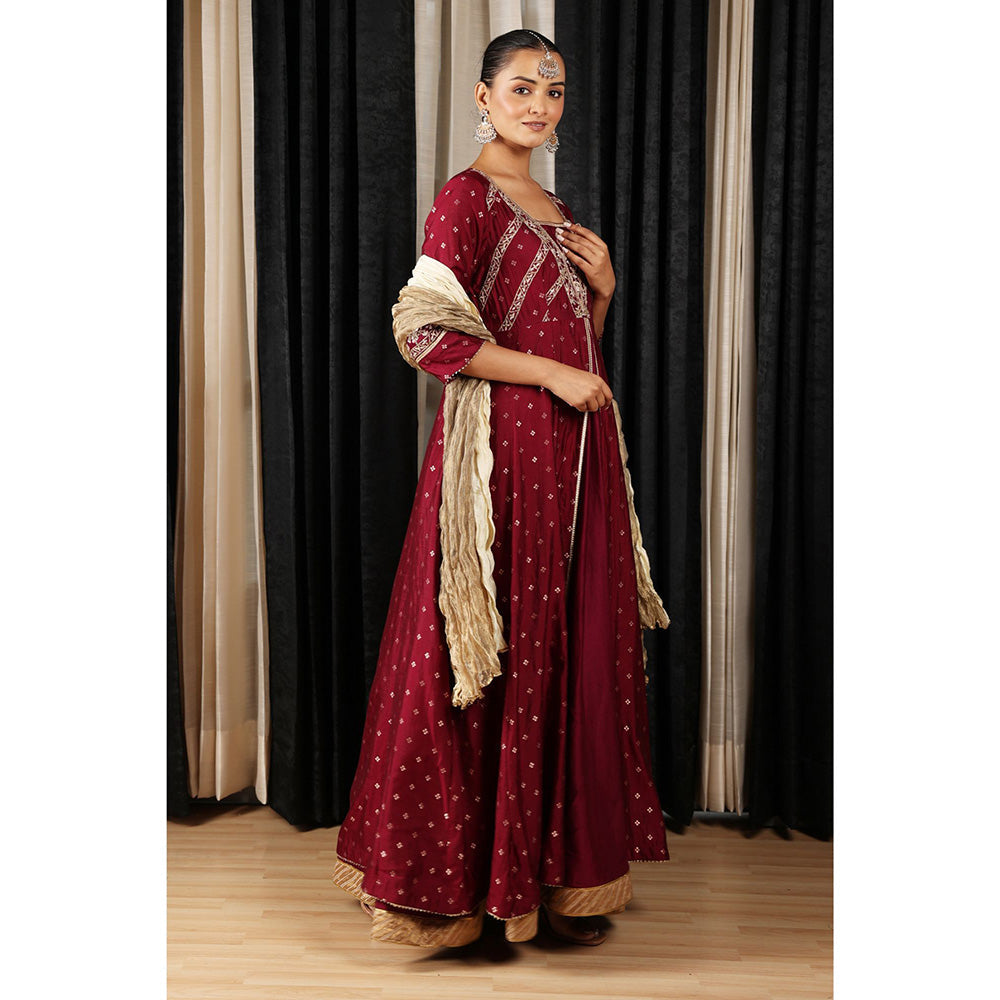 House of Supriya Maroon Embroidered Stylised Anarkali Kurta with Pant & Dupatta (Set of 3)