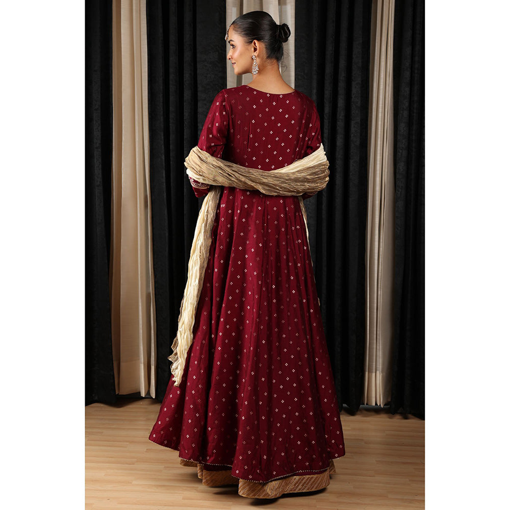 House of Supriya Maroon Embroidered Stylised Anarkali Kurta with Pant & Dupatta (Set of 3)