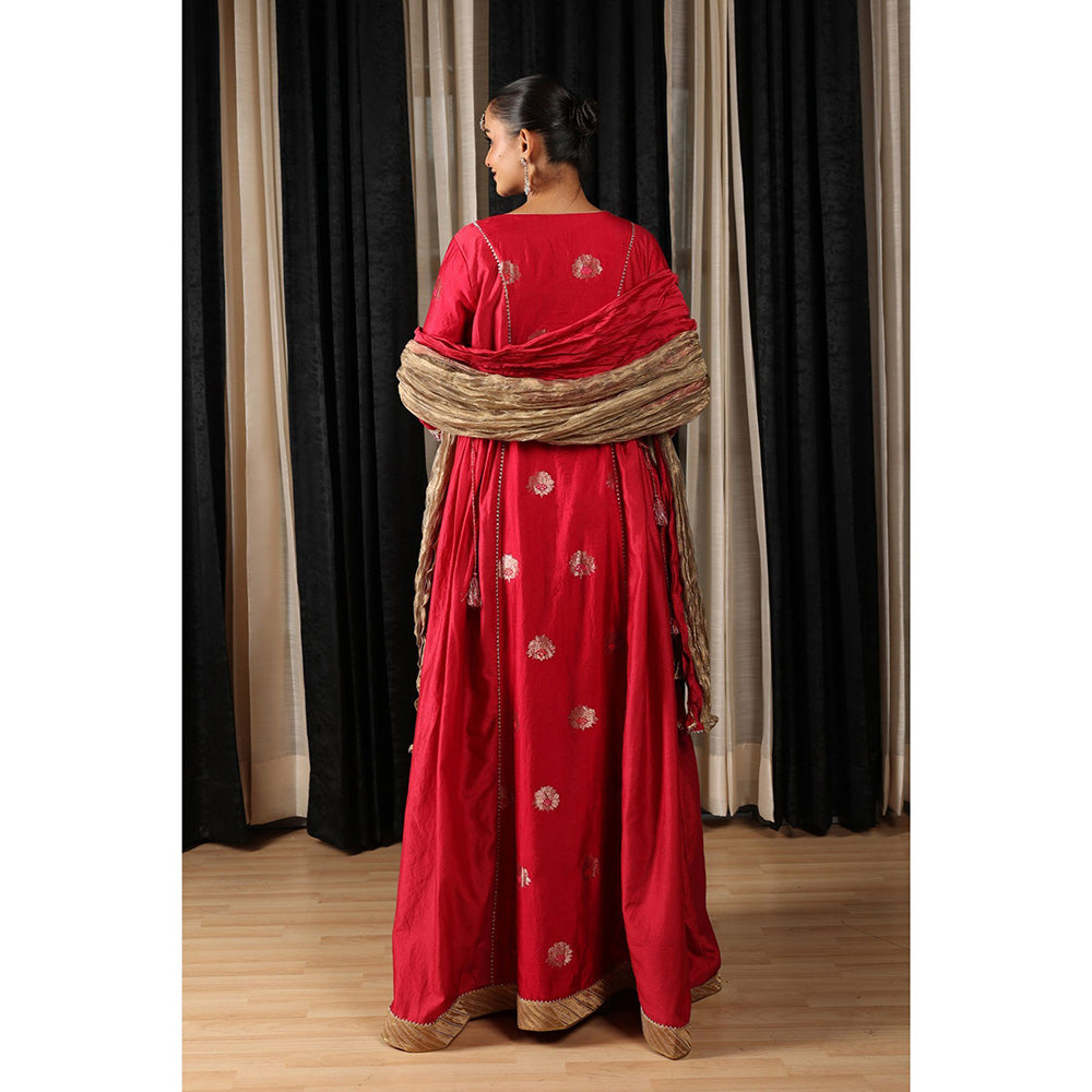 House of Supriya Red Embroidered Stylised Anarkali Kurta with Pant & Dupatta (Set of 3)