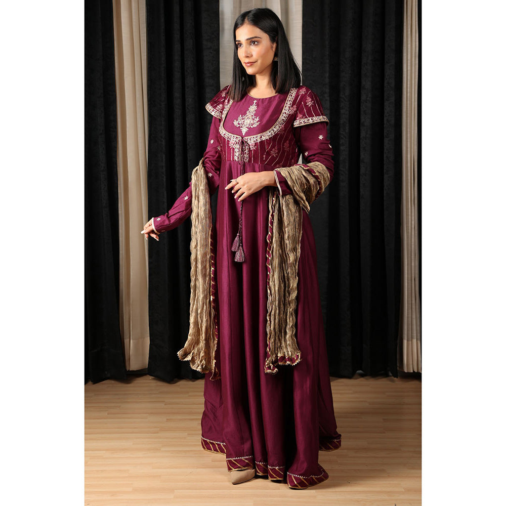 House of Supriya Wine Embroidered Stylised Anarkali Kurta with Pant & Dupatta (Set of 3)