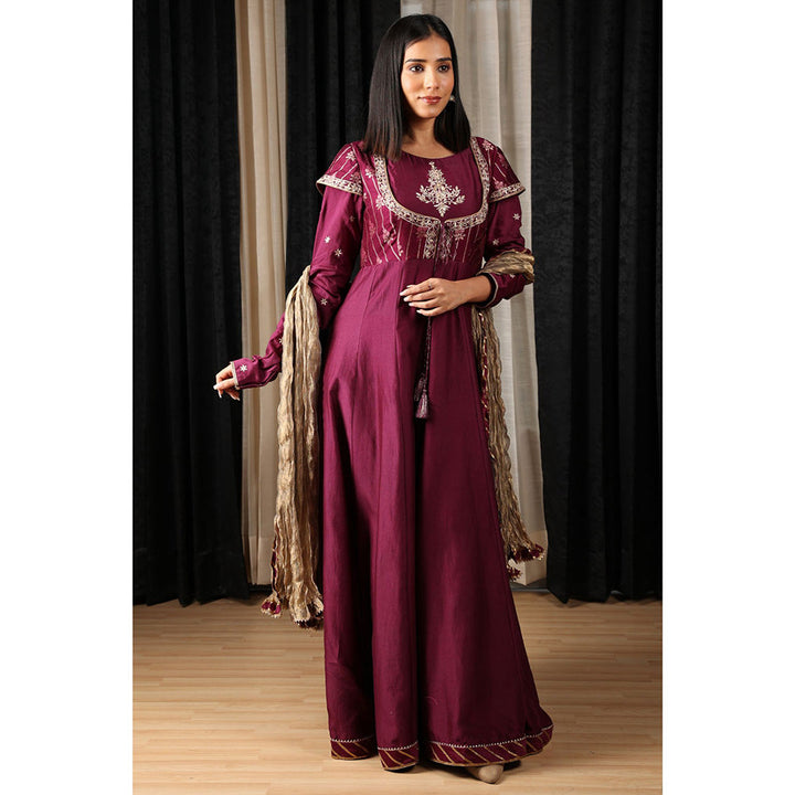 House of Supriya Wine Embroidered Stylised Anarkali Kurta with Pant & Dupatta (Set of 3)