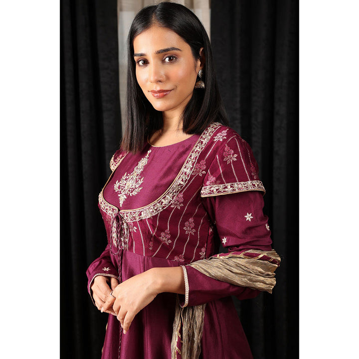 House of Supriya Wine Embroidered Stylised Anarkali Kurta with Pant & Dupatta (Set of 3)