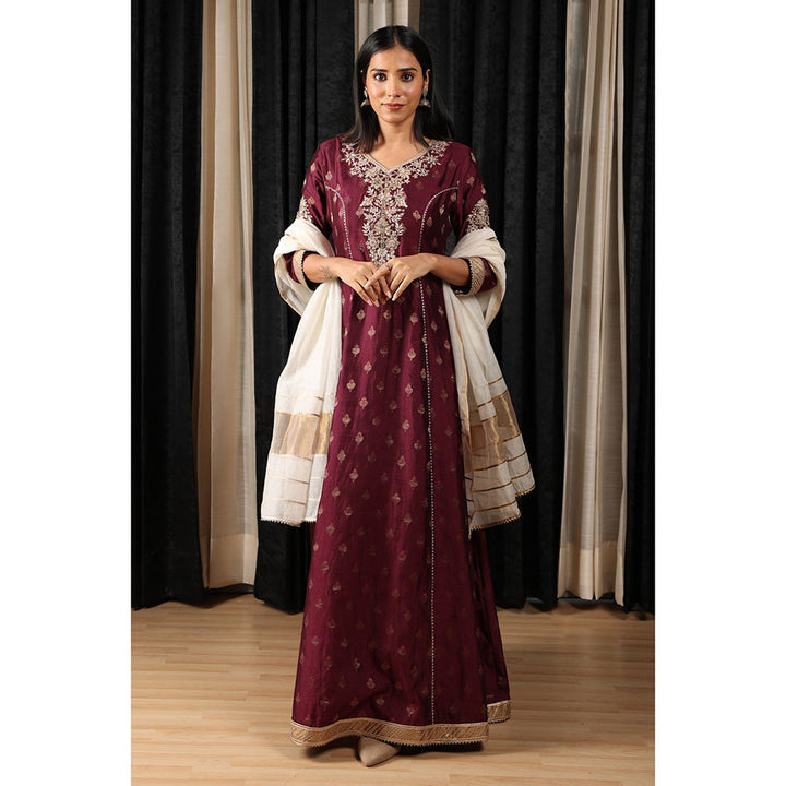 House of Supriya Maroon Embroidered Stylised Anarkali Kurta with Pant & Dupatta (Set of 3)