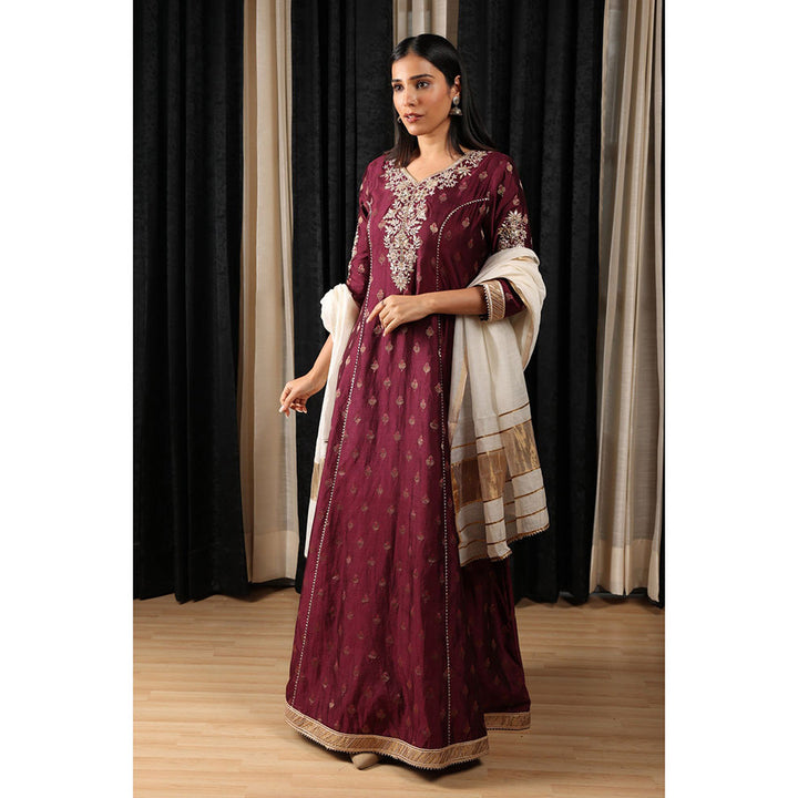 House of Supriya Maroon Embroidered Stylised Anarkali Kurta with Pant & Dupatta (Set of 3)