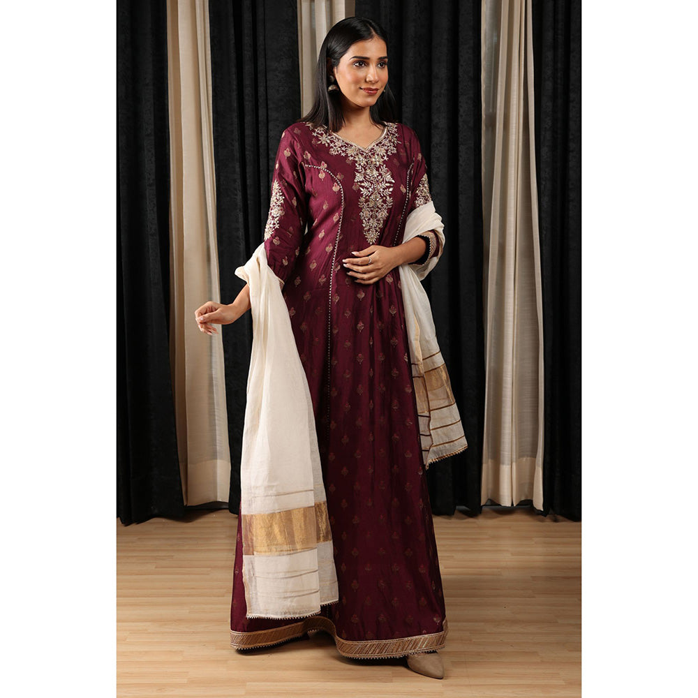 House of Supriya Maroon Embroidered Stylised Anarkali Kurta with Pant & Dupatta (Set of 3)