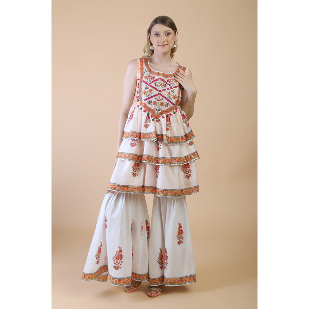 House of Supriya Off White Print With Embroidered Sharara With Kurta And Dupatta (Set of 3)