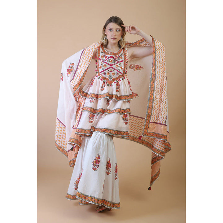 House of Supriya Off White Print With Embroidered Sharara With Kurta And Dupatta (Set of 3)