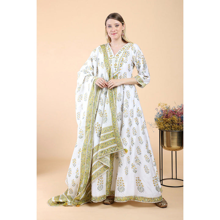 House of Supriya White Print With Embroidered Anarkali With Pant And Dupatta (Set of 3)