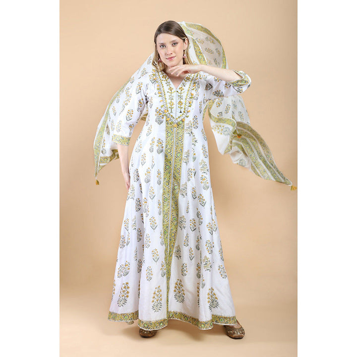 House of Supriya White Print With Embroidered Anarkali With Pant And Dupatta (Set of 3)