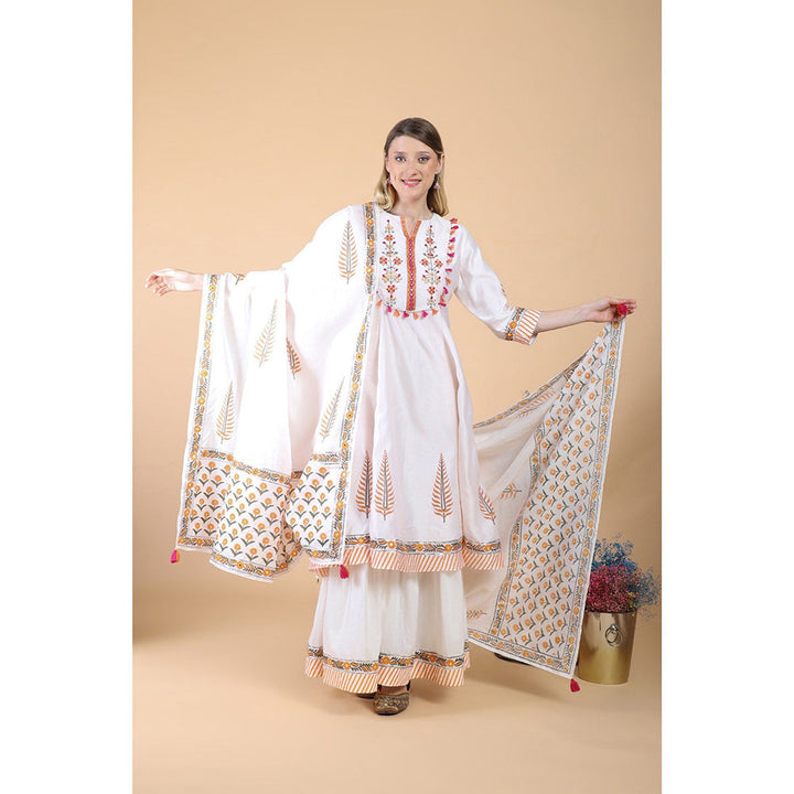 House of Supriya Off White Print And Embroidered Anarkali With Sharara And Dupatta (Set of 3)