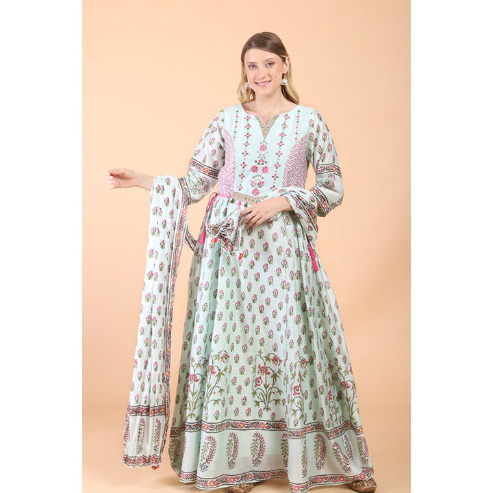 House of Supriya Sea Green Print And Embroidered Anarkali With Churidar And Dupatta (Set of 3)