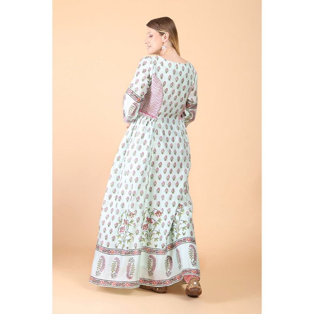 House of Supriya Sea Green Print And Embroidered Anarkali With Churidar And Dupatta (Set of 3)