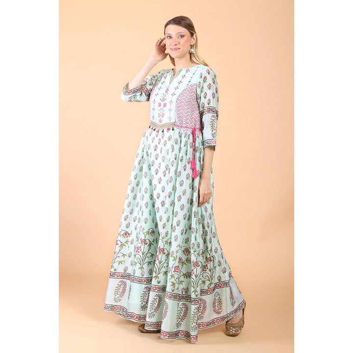 House of Supriya Sea Green Print And Embroidered Anarkali With Churidar And Dupatta (Set of 3)