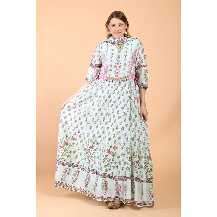 House of Supriya Sea Green Print And Embroidered Anarkali With Churidar And Dupatta (Set of 3)