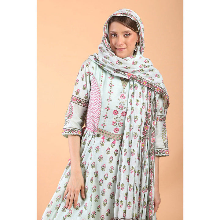 House of Supriya Sea Green Print And Embroidered Anarkali With Churidar And Dupatta (Set of 3)