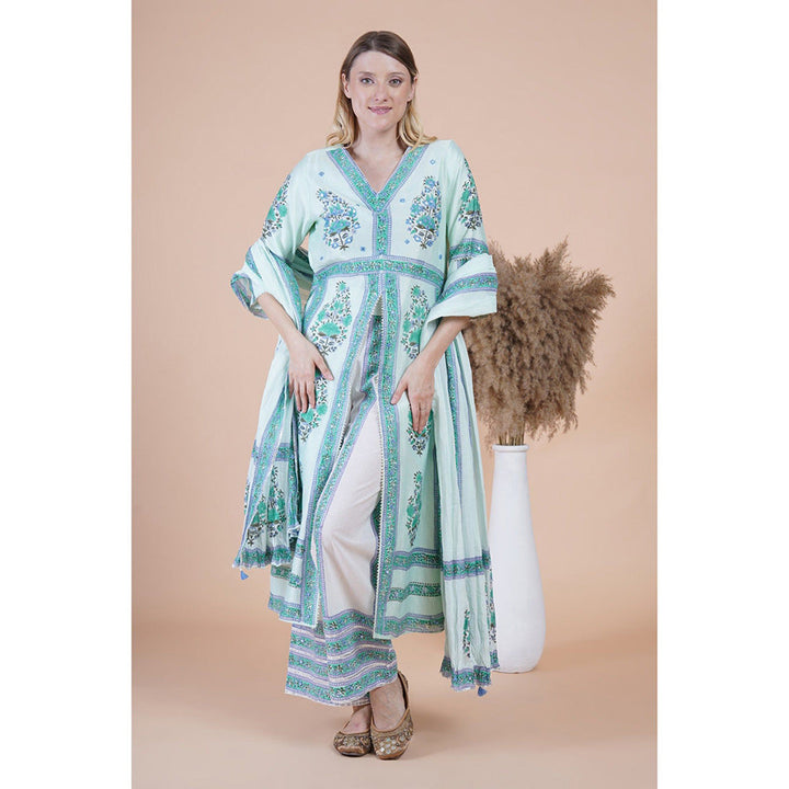 House of Supriya Sea Green Print And Embroidered Kurta With Pant And Dupatta (Set of 3)