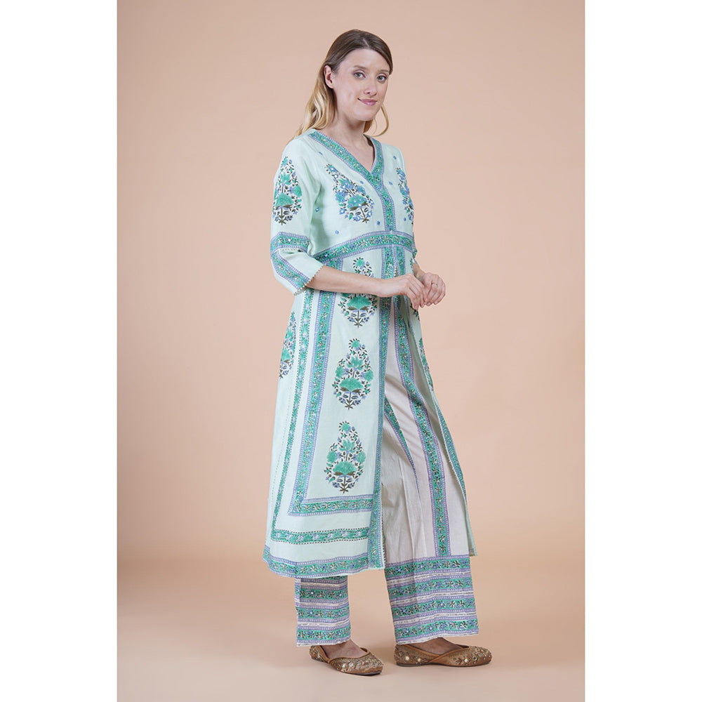 House of Supriya Sea Green Print And Embroidered Kurta With Pant And Dupatta (Set of 3)