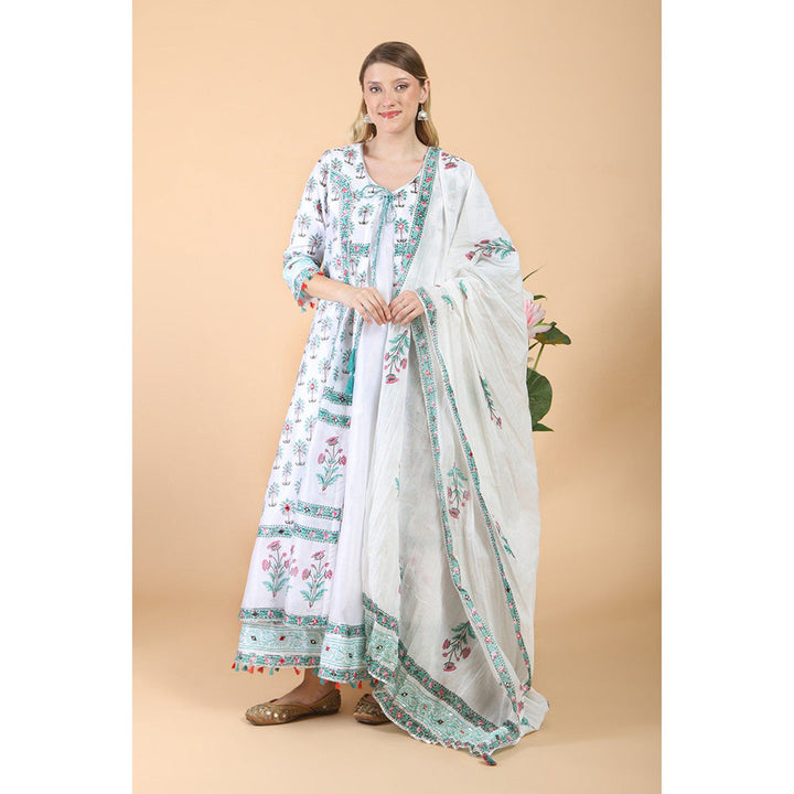 House of Supriya White Block Print With Embroidered Anarkali With Pant And Dupatta (Set of 3)