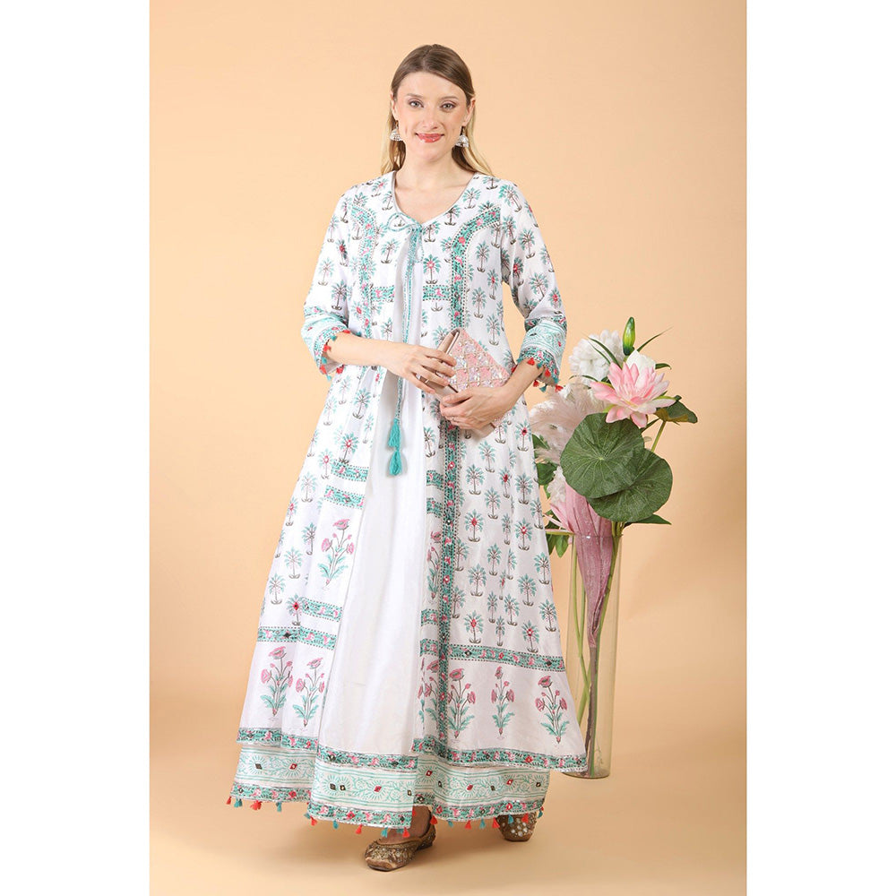 House of Supriya White Block Print With Embroidered Anarkali With Pant And Dupatta (Set of 3)