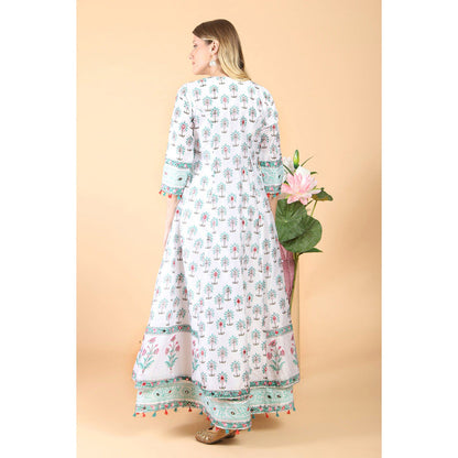 House of Supriya White Block Print With Embroidered Anarkali With Pant And Dupatta (Set of 3)