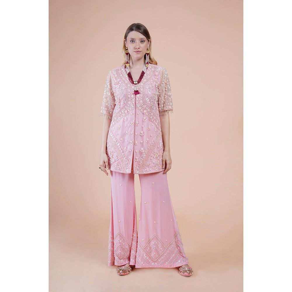 House of Supriya Pink Net Embroidered Kurta With Pant And Dupatta (Set of 3)