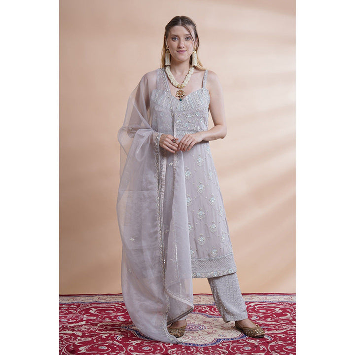 House of Supriya Grey Georgette Incut Kurta With Pant And Dupatta (Set of 3)