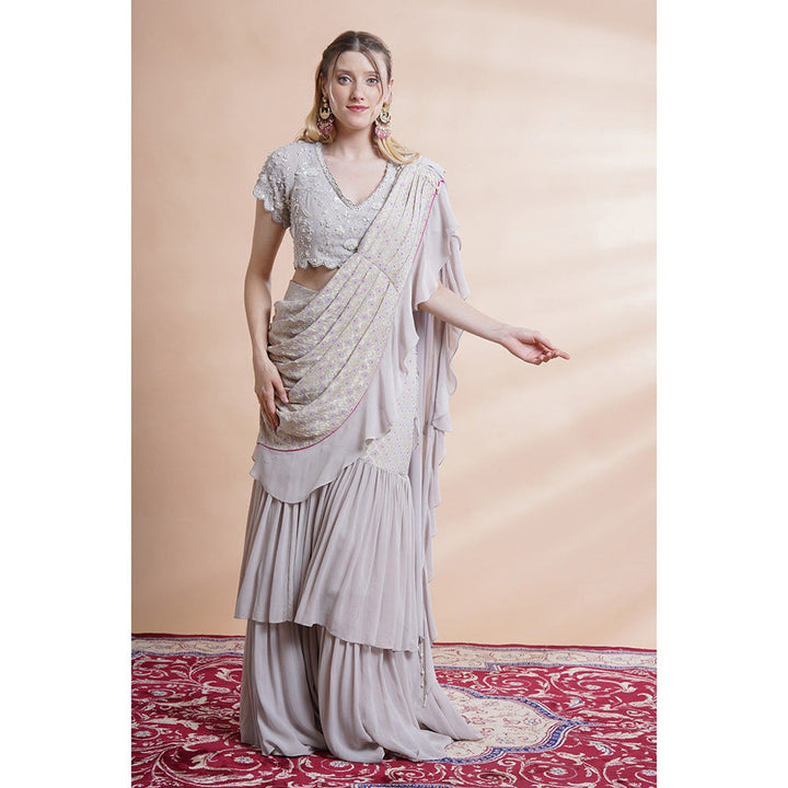 House of Supriya Grey Georgette Drape Saree with Stitched Blouse