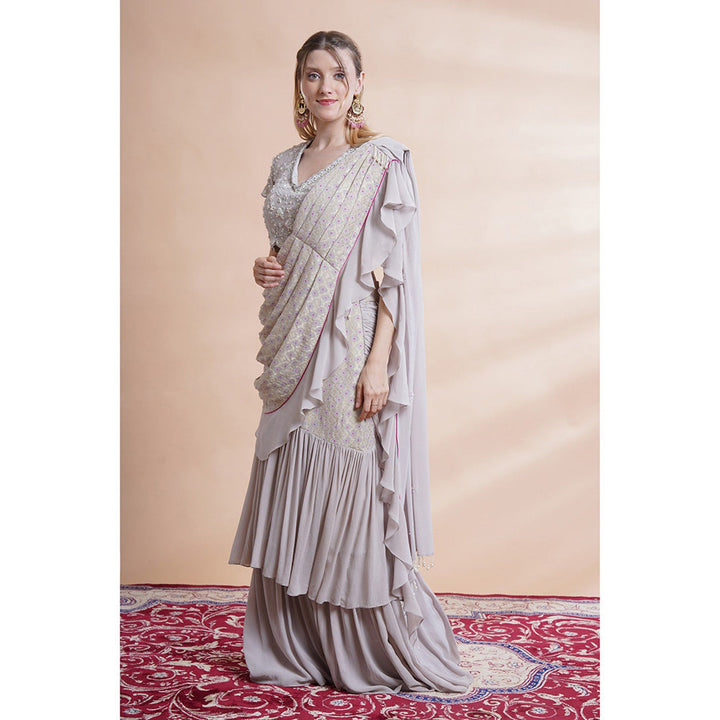 House of Supriya Grey Georgette Drape Saree with Stitched Blouse