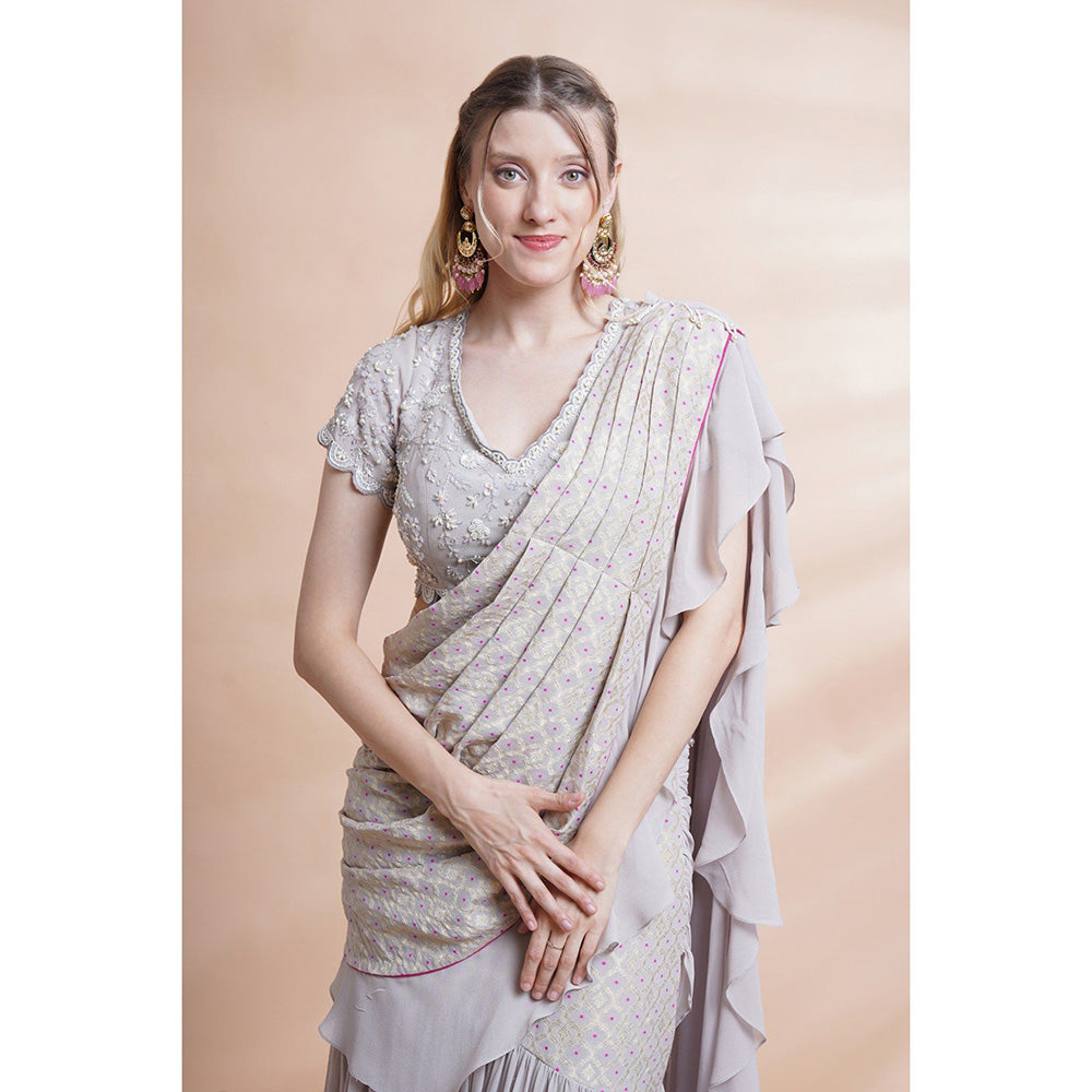 House of Supriya Grey Georgette Drape Saree with Stitched Blouse