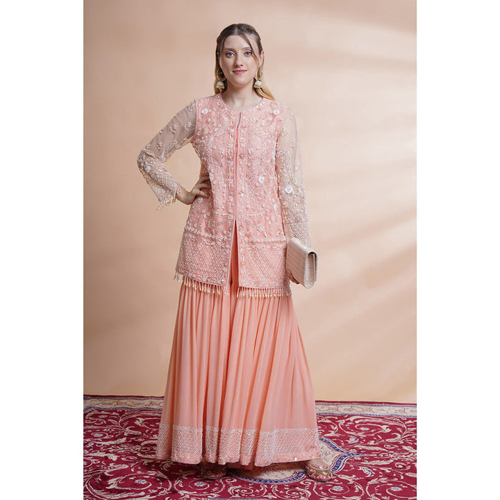 House of Supriya Peach Net Kurta With Sharara (Set of 2)