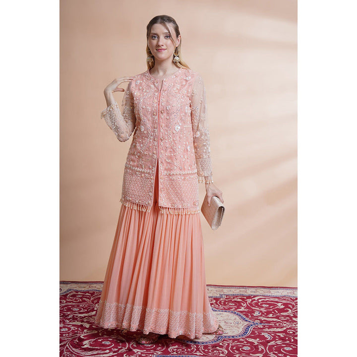 House of Supriya Peach Net Kurta With Sharara (Set of 2)