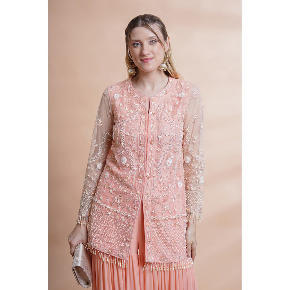 House of Supriya Peach Net Kurta With Sharara (Set of 2)