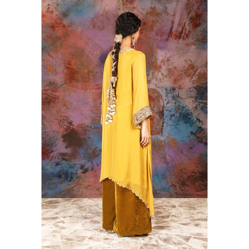 House of Supriya A-Line Asymmetrical Yellow Kurta With Palazzo and Slip (Set of 3)