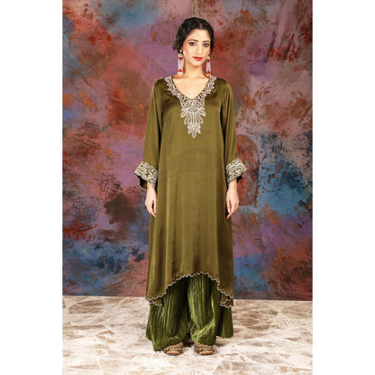 House of Supriya A-Line Asymmetrical Olive Kurta With Palazzo and Slip (Set of 3)