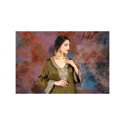 House of Supriya A-Line Asymmetrical Olive Kurta With Palazzo and Slip (Set of 3)