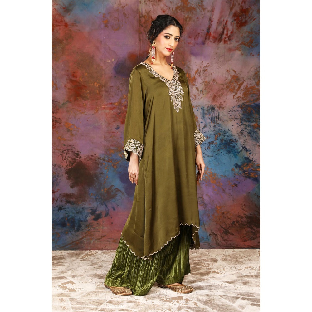 House of Supriya A-Line Asymmetrical Olive Kurta With Palazzo and Slip (Set of 3)