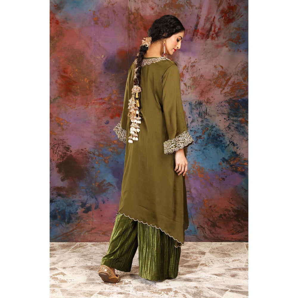 House of Supriya A-Line Asymmetrical Olive Kurta With Palazzo and Slip (Set of 3)