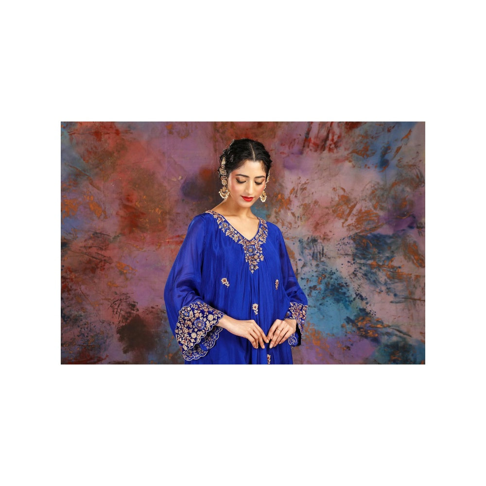 House of Supriya Asymmetrical Blue Kurta With Embroidery With Sharara and Slip (Set of 3)