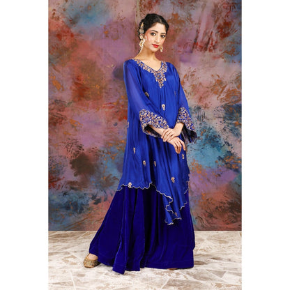 House of Supriya Asymmetrical Blue Kurta With Embroidery With Sharara and Slip (Set of 3)