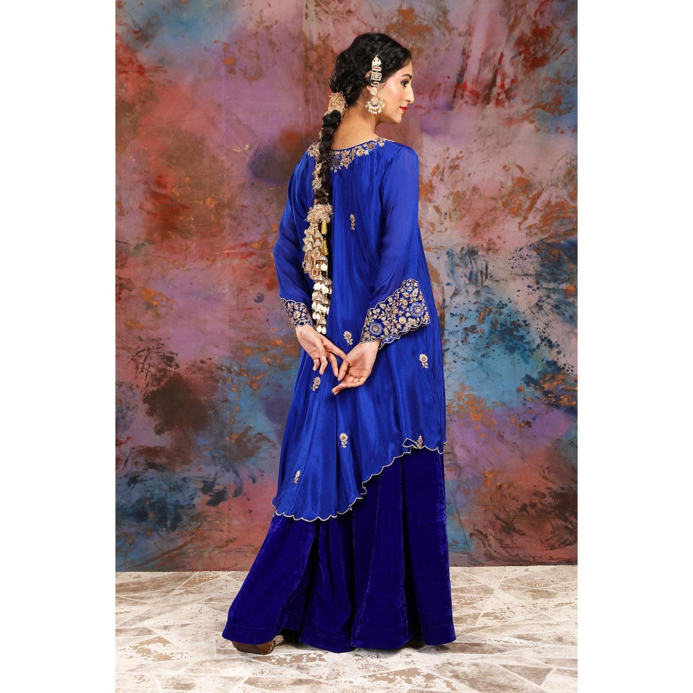 House of Supriya Asymmetrical Blue Kurta With Embroidery With Sharara and Slip (Set of 3)